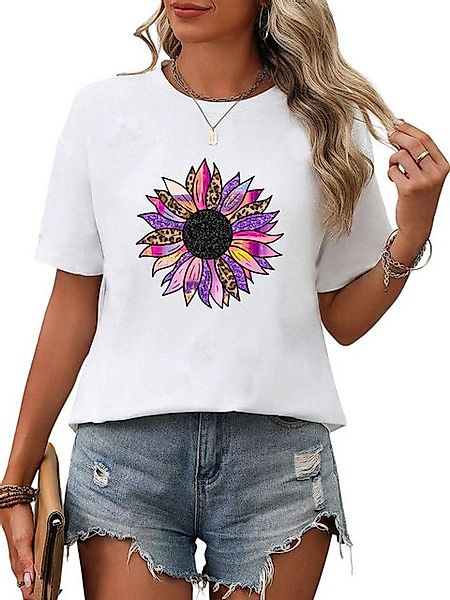 PYL T-Shirt Damen Sommer Kurzarmbluse Locker Bunte Blumen Print-Shirt günstig online kaufen