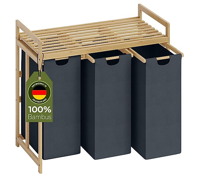 Bellamio Wäschekorb Newa aus Bambus (3 Fächer mit 1 Ablage, Dunkelgrau 150 günstig online kaufen