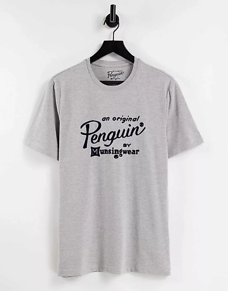 Original Penguin – T-Shirt mit aufgeflockter Schrift-Grau günstig online kaufen