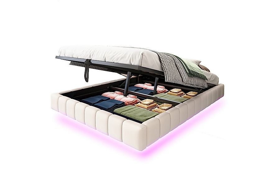 Odikalo Stauraumbett Polsterbett Hydraulisch Schwebebett LED Leinen Beige/G günstig online kaufen