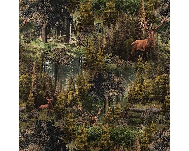 SCHÖNER LEBEN. Stoff Dekostoff Digitaldruck Ancient Forest Wald Hirsche grü günstig online kaufen