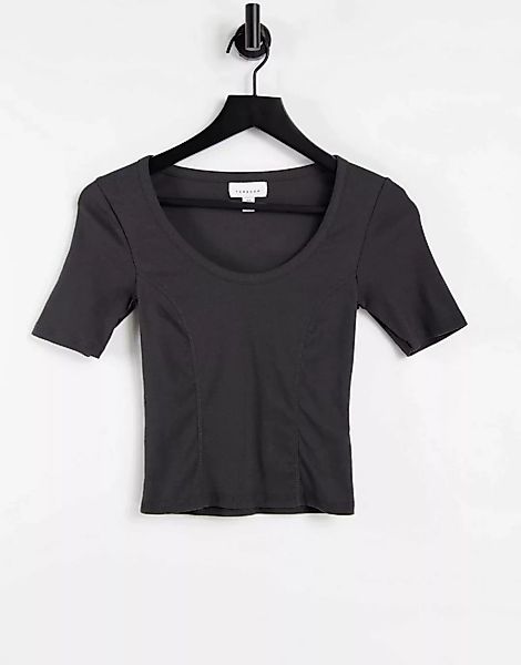 Topshop – Kurzärmeliges T-Shirt in Anthrazit mit U-Ausschnitt und Ziersaum- günstig online kaufen