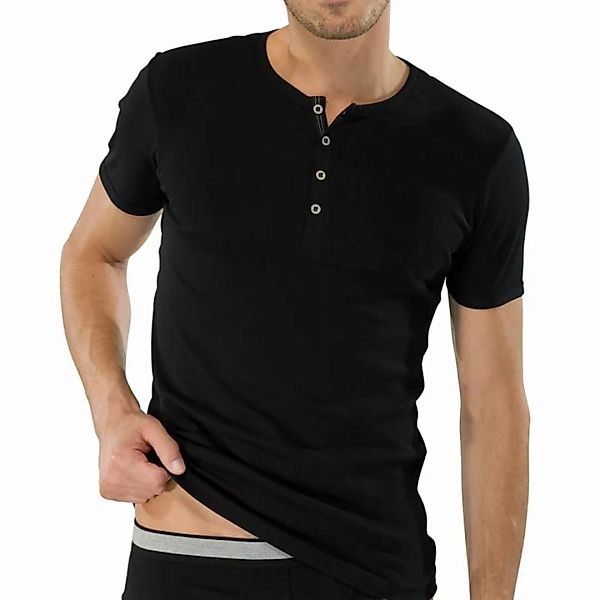 Schiesser Halbarm Feinripp T-Shirt mit Knopfleiste - Schwarz günstig online kaufen