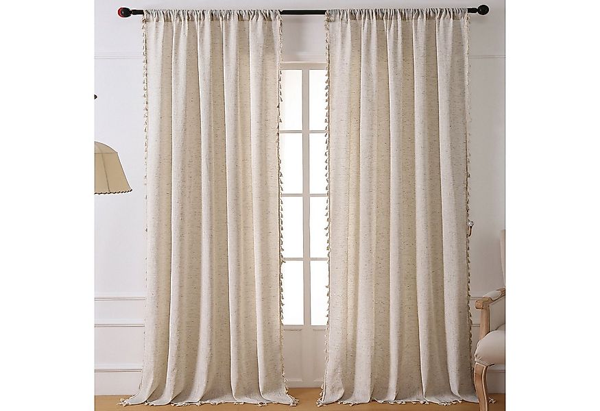 Refttenw Gardine 2Stk Leinen Vorhänge Boho Ösenschal mit Bommeln Landhausst günstig online kaufen