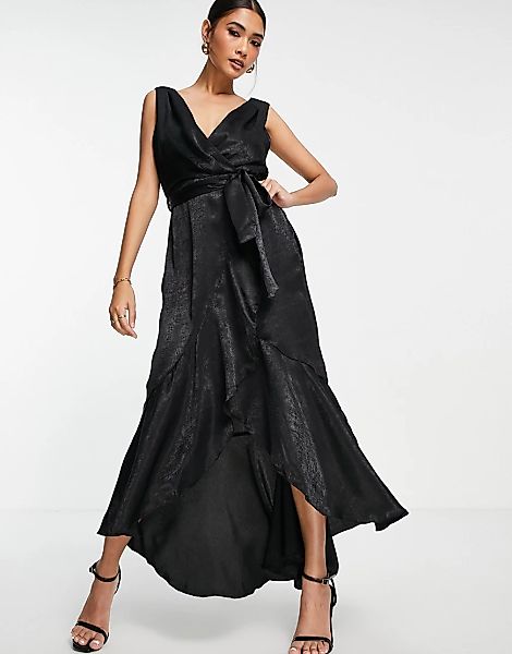 Flounce London – Midaxi-Kleid mit Wickeldesign vorne in Schwarz günstig online kaufen