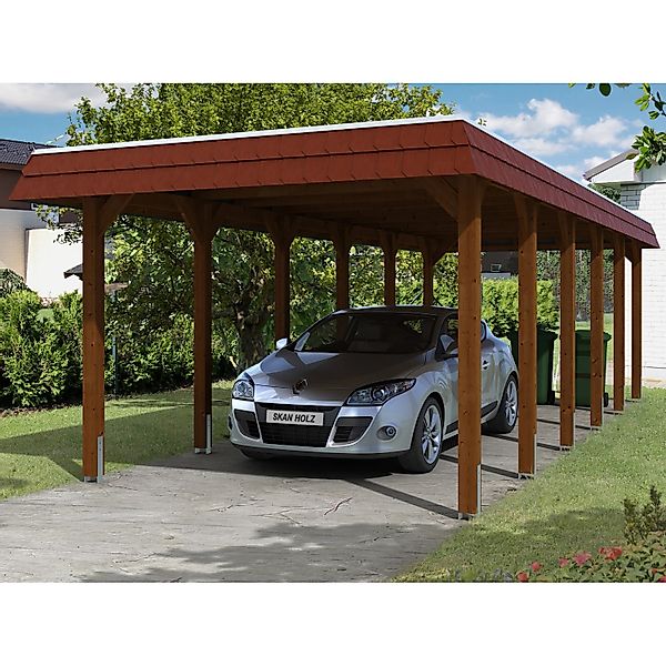 Skan Holz Carport Spreewald 345 cm x 893 cm rote Blende Nussbaum günstig online kaufen