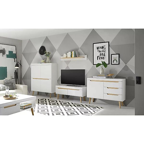 Wohnzimmer Set in Weiß Matt mit Eiche STOCKTON-61, 5-teilig inkl. Couchtisc günstig online kaufen
