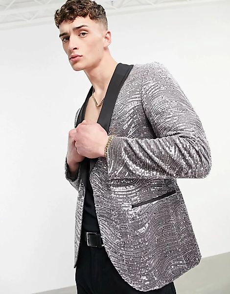 Twisted Tailor – Anzugjacke in Silber aus gezwirbeltem Samt mit kontrastier günstig online kaufen