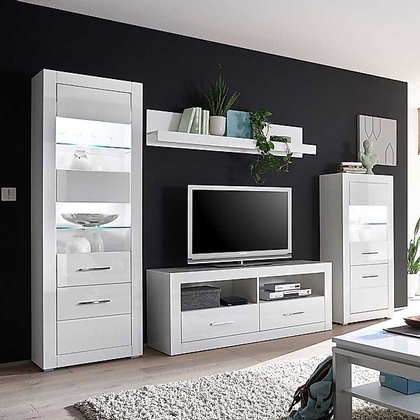 Design Wohnwand in Hochglanz Weiß 280 cm breit (vierteilig) günstig online kaufen