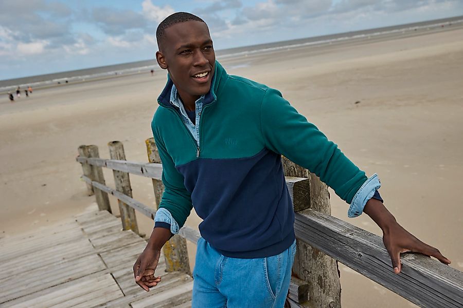 Mans World Fleecepullover, Troyer mit Kontrast-Part, ideal für den Übergang günstig online kaufen