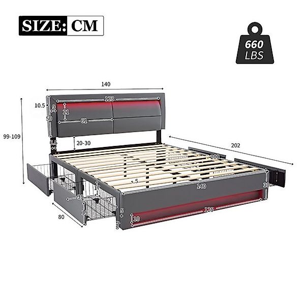HAUSS SPOLE Polsterbett 140x200cm, mit USB-Anschluss, LED-Beleuchtung, 4 Sc günstig online kaufen