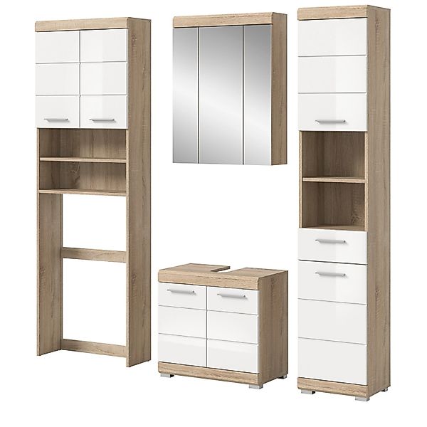 Inn.Furn Badmöbel Set 4-teilig in Weiß Hochglanz und Eiche 190 cm Mambo günstig online kaufen