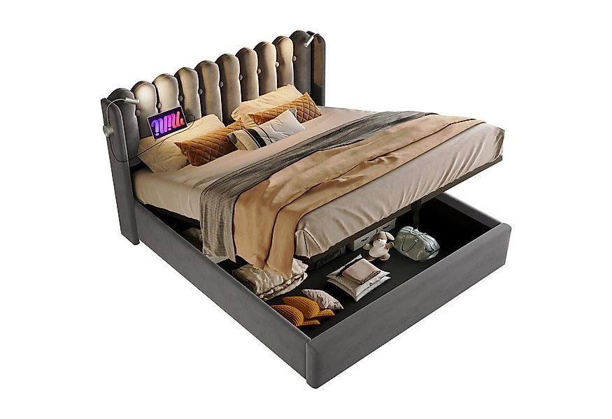 Flieks Polsterbett, Hydraulisches Stauraumbett mit Leselicht und Ladefunkti günstig online kaufen