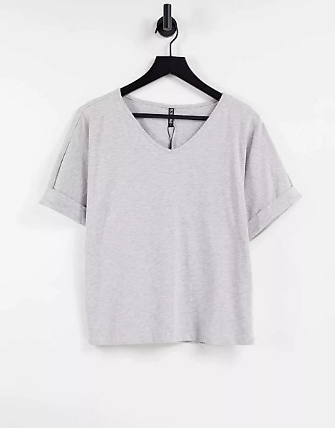 Pieces – T-Shirt in Hellgrau mit V-Ausschnitt und umgeschlagenen Ärmeln-Grü günstig online kaufen