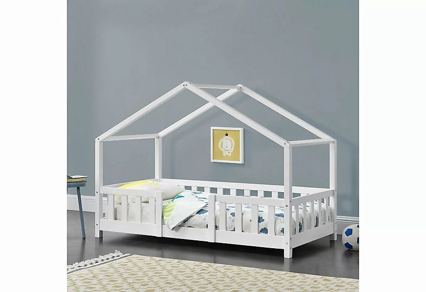 en.casa Kinderbett, »Treviolo« Haus-Optik mit Rausfallschutz 90x200 cm Weiß günstig online kaufen