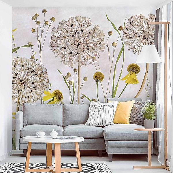 Bilderdepot24 Vliestapete Vintage Allium Helenium Illustration Blumen Beige günstig online kaufen