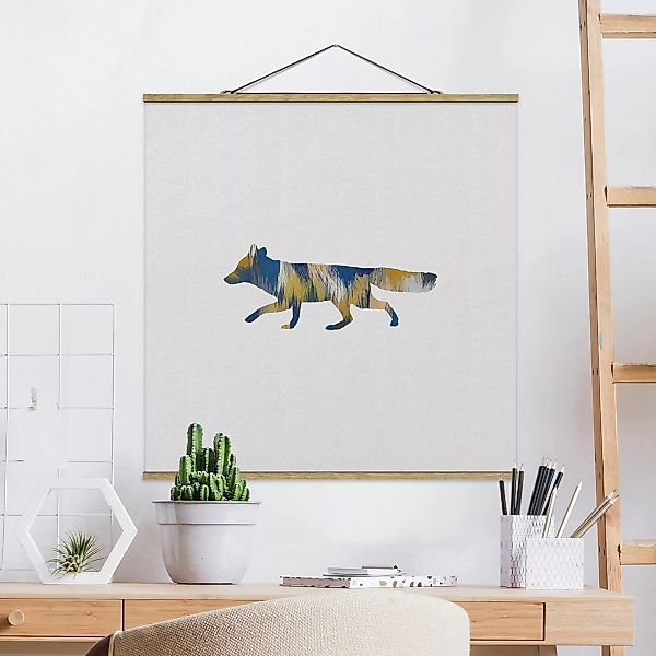 Stoffbild mit Posterleisten Fuchs in Blau und Gelb günstig online kaufen