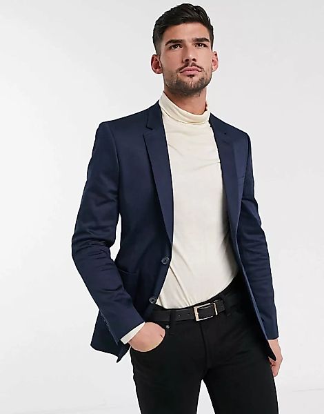 ASOS DESIGN – Hochzeit – Enger Blazer aus Baumwolle in Marineblau günstig online kaufen