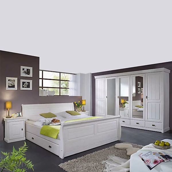 Schlafzimmerset in Weiß Kiefer Massivholz (vierteilig) günstig online kaufen