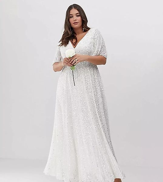 ASOS EDITION Curve – Mit Pailletten verziertes Maxi-Hochzeitskleid mit Flat günstig online kaufen