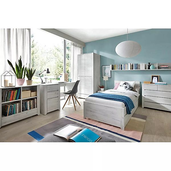 Jugendzimmer Set 8-teilig AMANTEA-129 mit Bett 90x200 in weiß Eiche günstig online kaufen