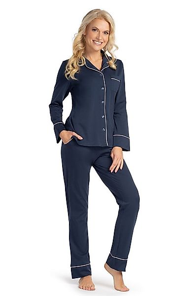 SNOOZE OFF Pyjama Schlafanzug in Dunkelblau mit Rosa Paspeln (2 tlg) Langar günstig online kaufen