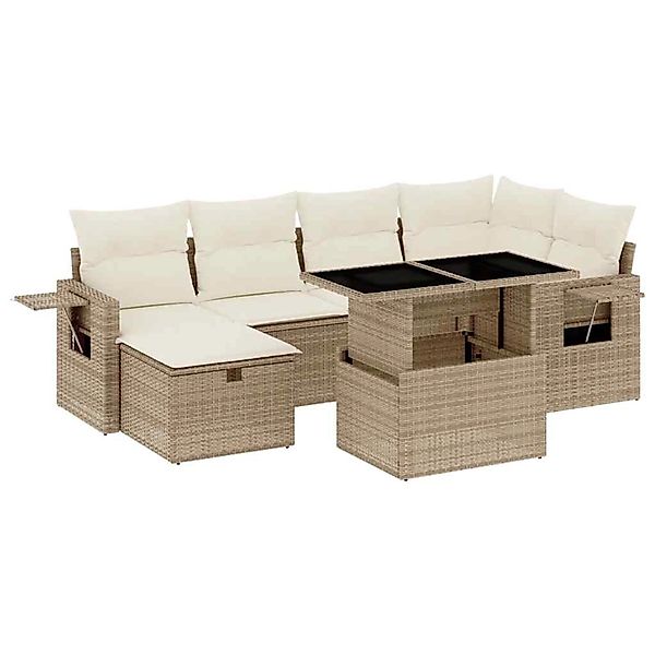 vidaXL 7-Tlg Garten-Sofagarnitur mit Kissen Beige Poly Rattan 3274978 günstig online kaufen