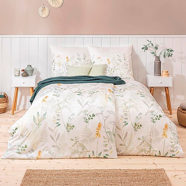 Estella Interlock Jersey Bettwäsche Visby 6295-530 Blumen Grün 135x200 günstig online kaufen