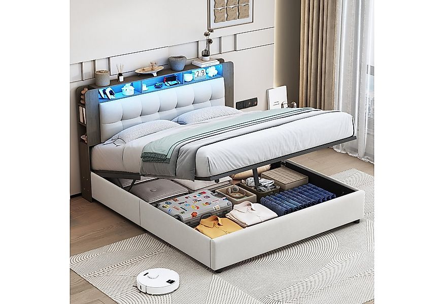 PXloue Polsterbett LED hydraulisches Doppelbett (Kopfteil mit integrierter günstig online kaufen