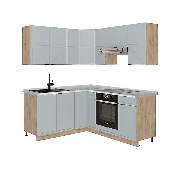 Vicco Fame-Line Eckküche Hellblau-grau/Goldkraft Eiche 160 x 190 cm AP Marm günstig online kaufen