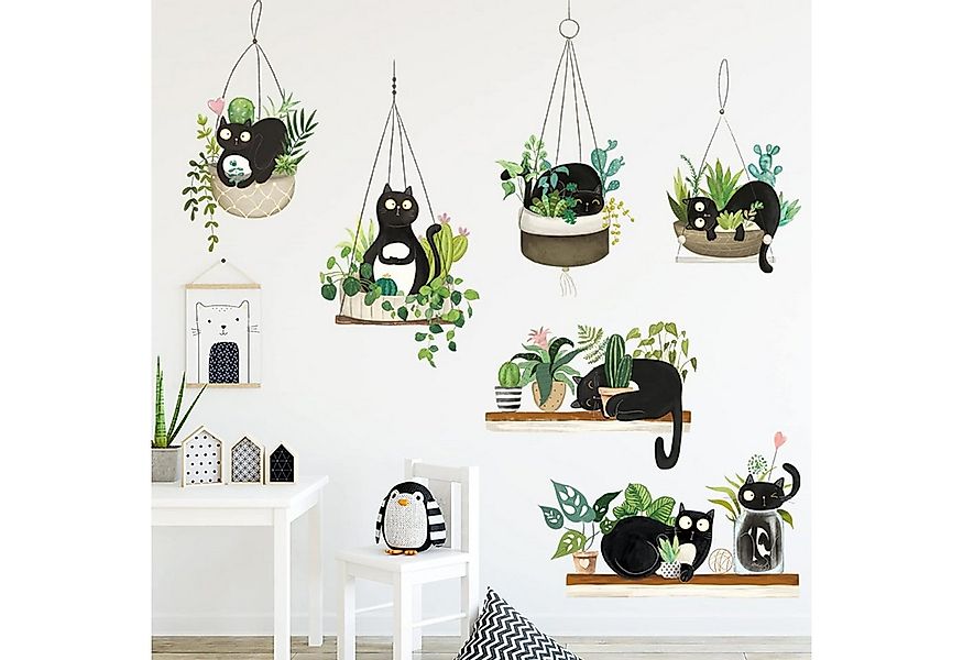 zggzerg Wandtattoo Wandtattoo Grüne Topfpflanze Pflanzen mit Katzen Wandsti günstig online kaufen