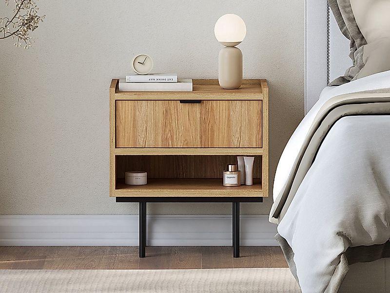 Beautysofa Nachttisch Evron mit 1 Schublade, offene Ablage und hohe Metallb günstig online kaufen