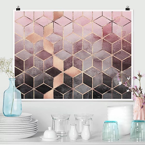 Poster - Querformat Rosa Grau goldene Geometrie günstig online kaufen