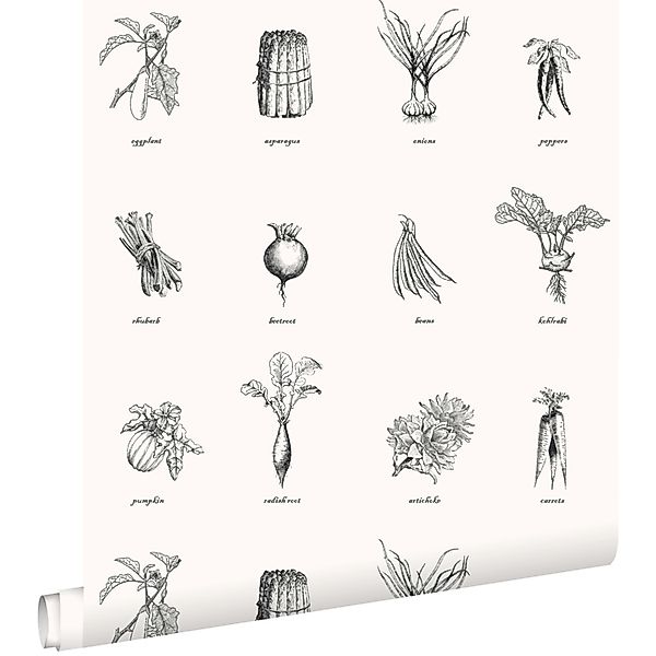 ESTAhome Tapete Gemüse Schwarz und Weiß 53 cm x 10,05 m 127614 günstig online kaufen