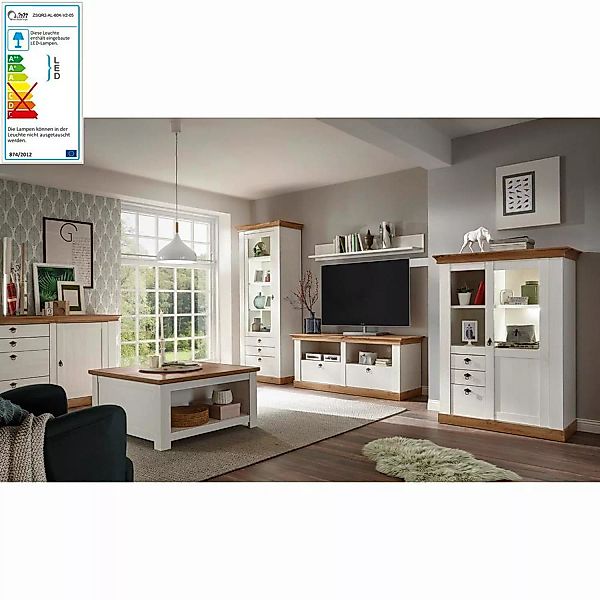 Komplett Landhaus Wohnzimmer-Set LINARES-61 in Pinie weiß / Wotan Eiche Nb. günstig online kaufen