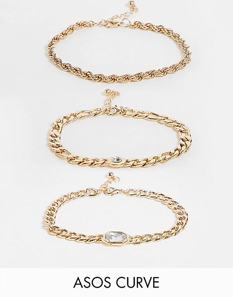 ASOS DESIGN Curve – 3er-Pack goldfarbene Kettenarmbänder mit Kristallglasst günstig online kaufen