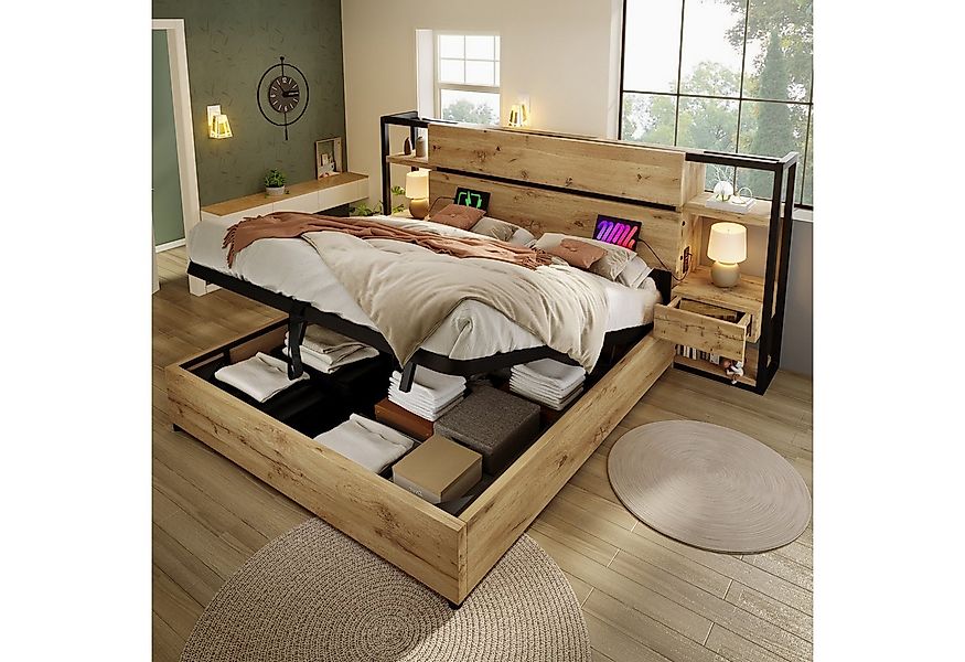 OKWISH Holzbett Hydraulisches Stauraumbett (Doppelbett, 1-tlg., 160×200cm, günstig online kaufen