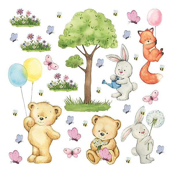 Sanders & Sanders Wandtattoo Wald Mit Waldtieren Multicolor 30 x 30 cm 6013 günstig online kaufen