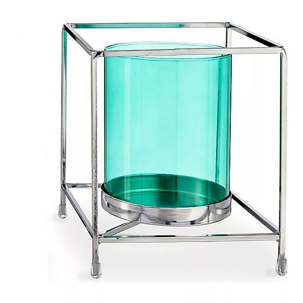 Kerzenschale Karriert Silberfarben Blau Metall Glas (14 X 15,5 X 14 Cm) günstig online kaufen