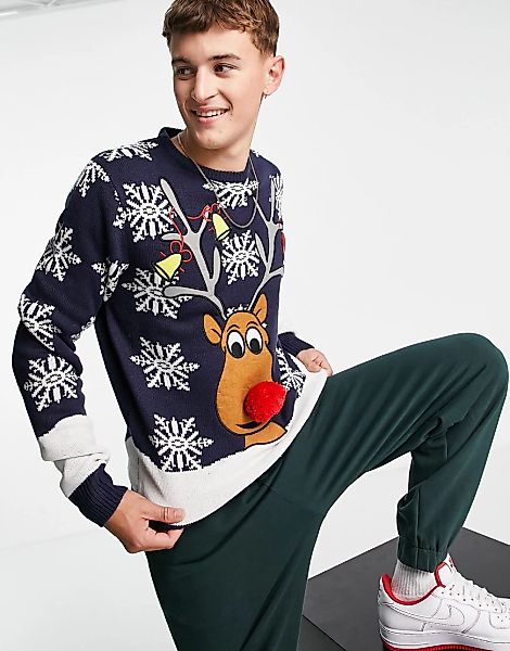 Brave Soul – Weihnachtlicher Pullover in Marineblau mit Rentiermotiv günstig online kaufen