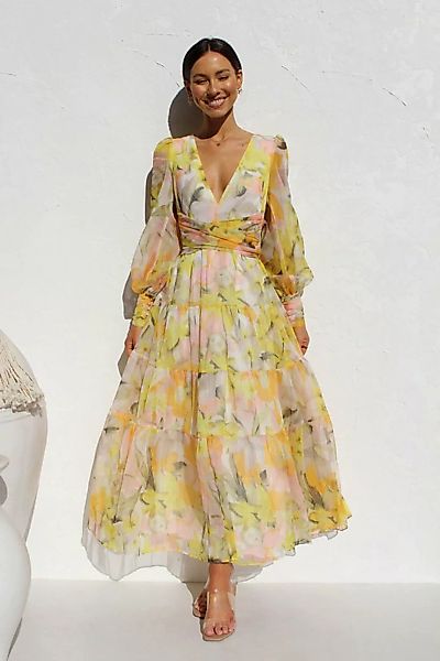 BlauWave Midikleid Bedrucktes langärmeliges Swing-Kleid mit V-Ausschnitt (1 günstig online kaufen
