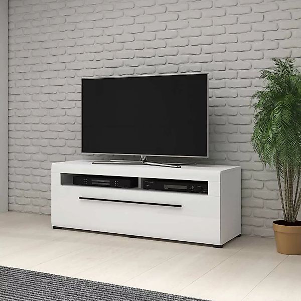 Hochglanz Fernsehmöbel in Weiß einer Schublade und Gerätefach günstig online kaufen