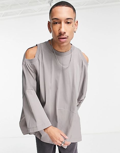 ASOS DESIGN – Oversize-T-Shirt in Grau mit vernähten Einsätzen und Aussparu günstig online kaufen
