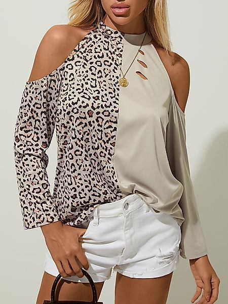 YOINS Leopard Patchwork Kalte Schulter Langarm T-Shirt günstig online kaufen