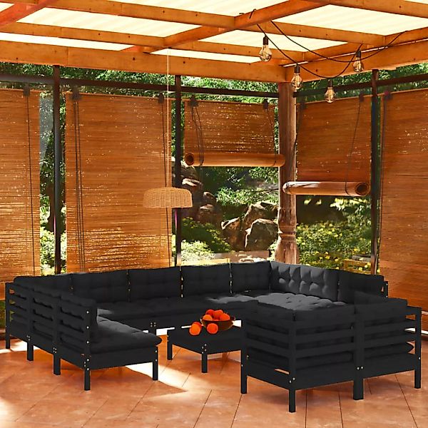 12-tlg. Garten-lounge-set Mit Kissen Schwarz Massivholz Kiefer günstig online kaufen
