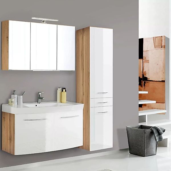 Badmöbel Waschplatz Set mit Waschtisch 100cm FLORIDO-03-OAK weiß Hochglanz günstig online kaufen