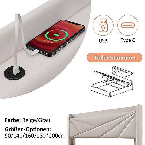 HAUSS SPOLE Polsterbett 180x200cm Doppelbett mit USB Typ C Ladefunktion Kop günstig online kaufen