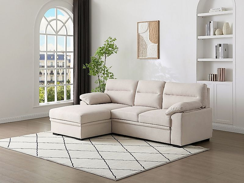 Ecksofa mit Schlaffunktion - Ecke links - Beiger Stoff - Mit Ablage - ULENI günstig online kaufen