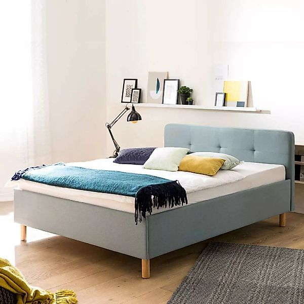 Komfortbett in Hellblau Webstoff Skandi Design günstig online kaufen