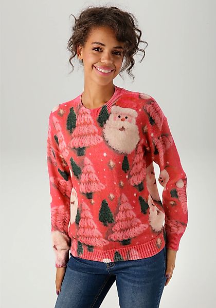 Aniston CASUAL Weihnachtspullover kunstvoll mit Tannen und Nikolaus-Köpfen günstig online kaufen